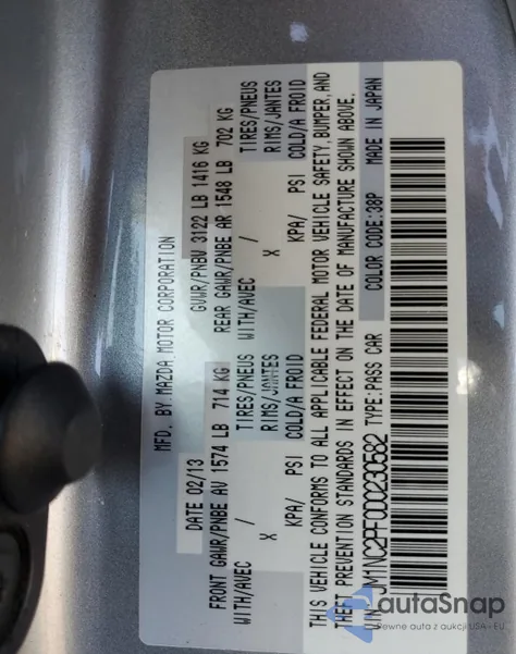 2013 Mazda Mx-5 Miata Grand Touring из США, поврежденный, VIN JM1NC2PF0D0230582